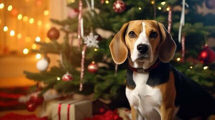  Beagle Poses Near a Beautifully Decorated Christmas Tree.