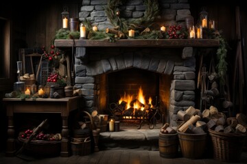 A rustic, country-style fireplace mantle decorated with holly, stockings, and a crackling fire.