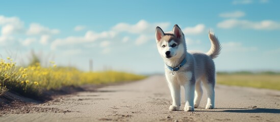 Sunny day with Husky puppy on road