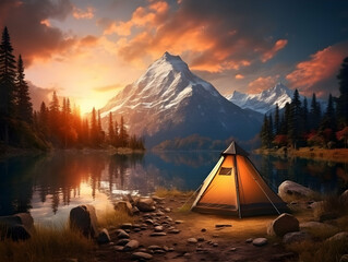 Camping with friends near lake and mountain, camping tent setup near river or mountain on afternoon or morning, hiking and camping on hill-side, enjoying vacation on camping, ai generated