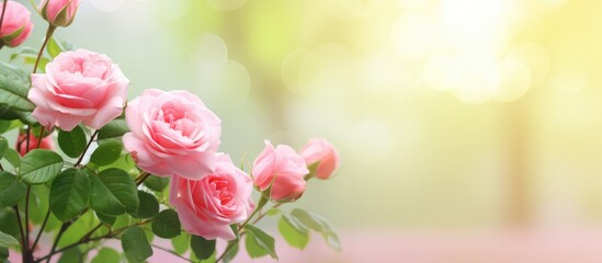 Blooming pink rose with blurred green leaves and bokeh light perfect as a background