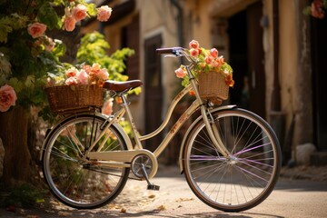 Fototapeta na wymiar A vintage bicycle with a basket of fresh flowers