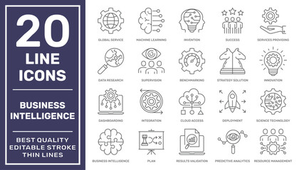 Business Intelligence icons set. Pack symbol vector elements for infographic, web. Business Intelligent tools and technology. Machine learning, invention, success, strategy. Editable Stroke. EPS 10