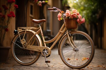 A vintage bicycle with a basket of fresh flowers