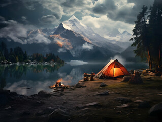 Camping with friends near lake and mountain, camping tent setup near river or mountain on afternoon or morning, hiking and camping on hill-side, enjoying vacation on camping, ai generated