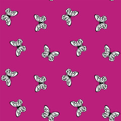 Seamless pattern with funny colorful Butterflies, flowers. Color flat vector illustration for invitation, poster, card, textile, fabric. Butterfly graphic design print. Trendy animal motif wallpaper