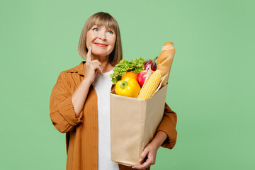 Elderly happy woman wear brown shirt casual clothes hold shopping paper bag with food products put...