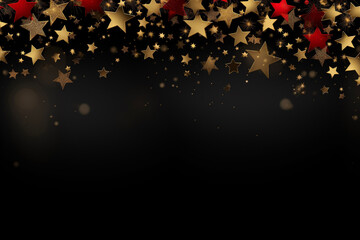 Black Christmas new year background with red and gold stars, space for text