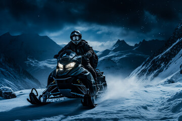 Midnight snowmobiling in polar landscapes background with empty space for text  - obrazy, fototapety, plakaty