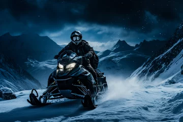 Photo sur Plexiglas Blue nuit Midnight snowmobiling in polar landscapes background with empty space for text 