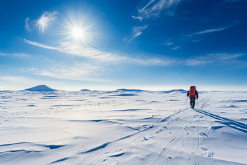 Kite skier gliding across vast desolate winter plains in exhilarating solitude 