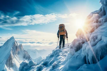 Wandaufkleber Ice climber ascending frosty Arctic peak background with empty space for text  © fotogurmespb