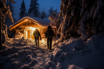 Hikers finding shelter in snow-covered hut during a midnight hike expedition  - obrazy, fototapety, plakaty