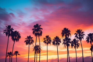 Fototapeta na wymiar Stunning palm trees silhouetted against a colorful sunset sky. Generative AI