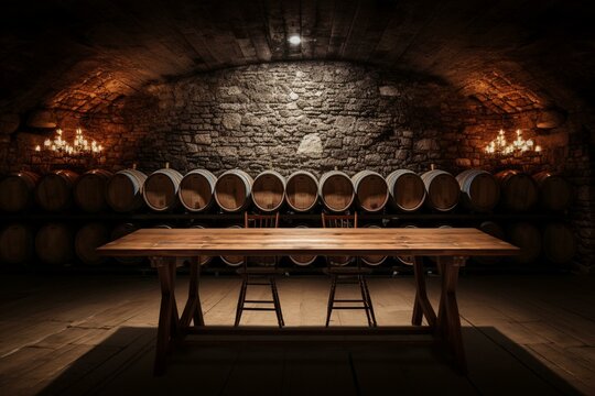 Blurred wine cellar backdrop with wooden table up front. Generative AI