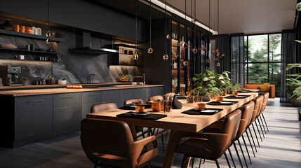 Fototapeta na wymiar Modern Aesthetic Dining Room with dark and orange theme