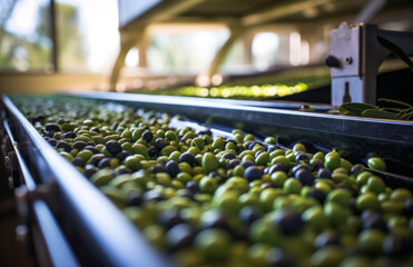 Fototapeta premium Olive oil production plant. A conveyor system for sorting and processing fresh olives to produce extra virgin olive oil of the highest quality.