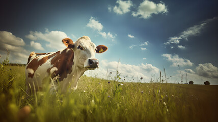 Cow in the meadow of an organic farm, grass feed, organic. Generative AI - obrazy, fototapety, plakaty