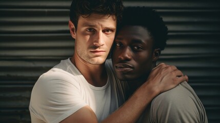 Obraz premium Two men hug each other. International hug day