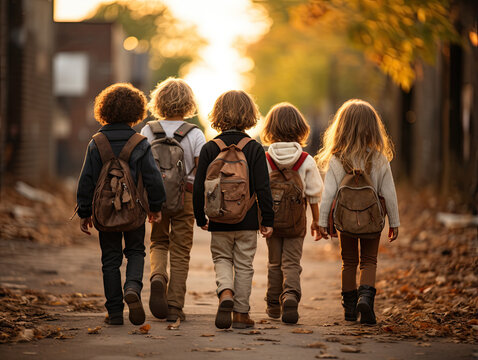On their first day of school, a group of young children showcases the back-to-school concept by walking together in friendship.