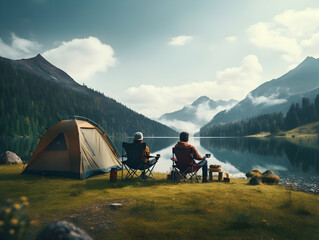 Camping with friends near lake and mountain, camping tent setup near river or mountain on afternoon or morning, hiking and camping on hill-side, enjoying vacation on camping, ai generated