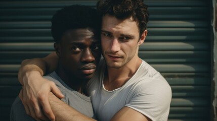 Obraz premium Two men hug each other. International hug day