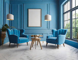 loft and vintage interior of living room, Blue armchairs on white flooring and blue wall