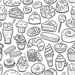 Dessert products seamless pattern. Cupcakes, sweets and pastries. Hand-drawn illustration. Isolated doodle items. Repeat pattern. Vector illustration.