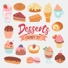 Dessert products isolated on white background. Cupcakes, sweets, ice creams, and pastries. Hand-drawn illustration. Isolated clip arts. Vector illustration. Set 1 of 2.