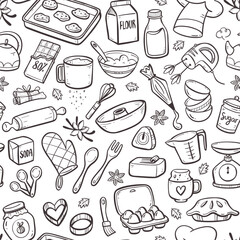 Home baking products seamless pattern. Hand-drawn doodle illustration isolated on white background. Repeat pattern. Vector illustration.