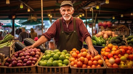 Seller at European City Market with Fresh Produce