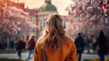 Young Girl Walking and Listening to Music, View at the Back