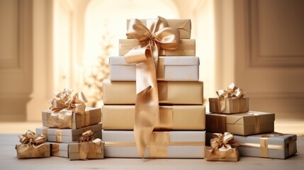 Antique Gold Christmas Presents with a Festive Bow Piled High Against a Neutral Wall