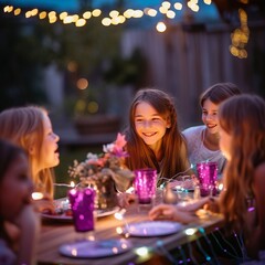 Adorable little girls having a birthday party in the backyard of their house