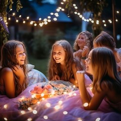 Obraz na płótnie Canvas Group of happy girls having fun on a birthday party in summer.
