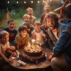 Group of happy kids having fun and blowing out candles on a birthday cake