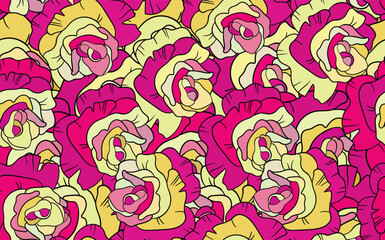 Fototapeta na wymiar Spring colorful vector illustration with red roses. Cartoon style. Design for fabric, textile, paper. Holiday print for Easter, Birthday, 8 march. Flowers with leaves