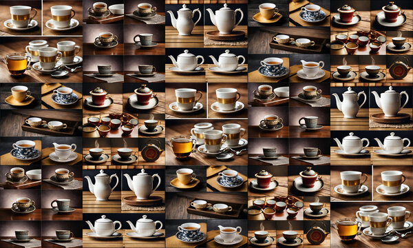 Seamless image of mugs with tea, for wallpaper, tablecloth, web design, background, etc.