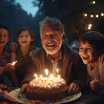 Portrait Of Happy Grandfather And His Children Celebrating Birthday At Home.