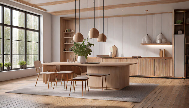 Modern mid century kichen room interior concept design,cozy home ,3drender