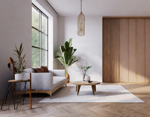 Modern mid century and minimalist interior of living room,empty room,3d render