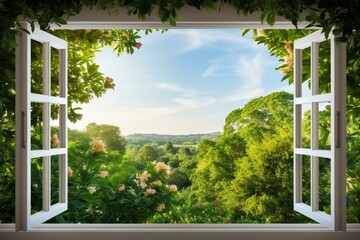 Scenic view through wide windows of lush nature under a clear blue sky. Generative AI