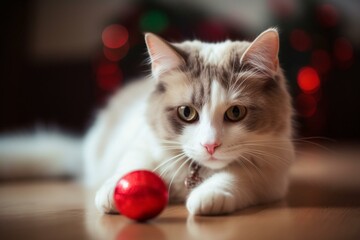 cute holiday feline with red toy. Generative AI