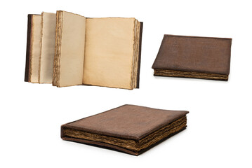 An open empty old notebook isolated on a white background.