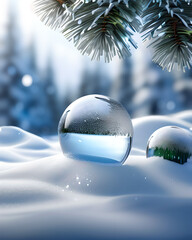 Niebieskie tło zimowe ze śniegiem, bańkami świątecznymi na choince i z miejscem na tekst	