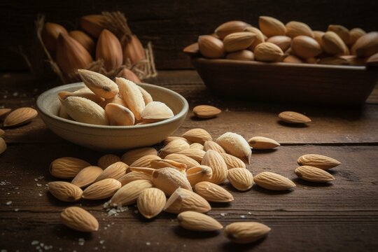 Peeled and unpeeled almonds displayed on a wooden surface. Generative AI