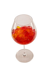 Sweet fruit jelly dessert in a glass isolated on a white background.
