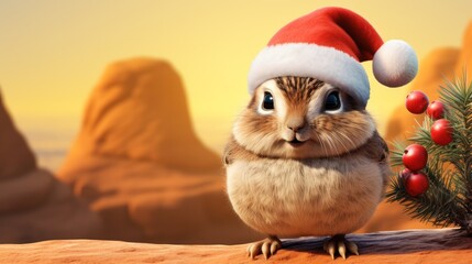  Cartoon Quail in Santa Hat Enjoying a Desert Christmas