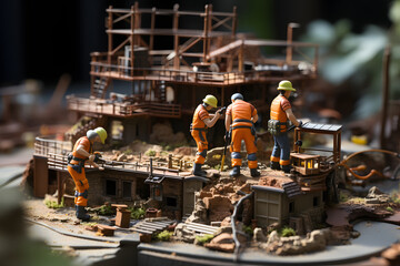 Group of construction workers collaborating on a project. Tiny figurines.