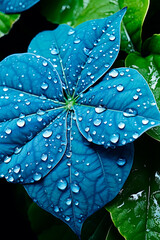 A bunch of blue flowers with water droplets on them. A hydrangea plant. Generative AI
